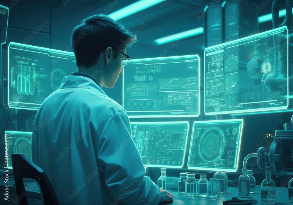 Fototapeta premium Scientist analyzing data on futuristic screens in a high-tech laboratory