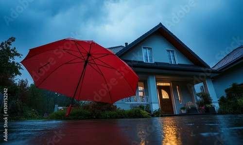 Red umbrella protecting house during stormy weather.
