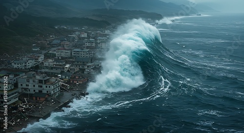 Fototapeta Naklejka Na Ścianę i Meble -  A powerful tsunami wave towering over a coastal town.