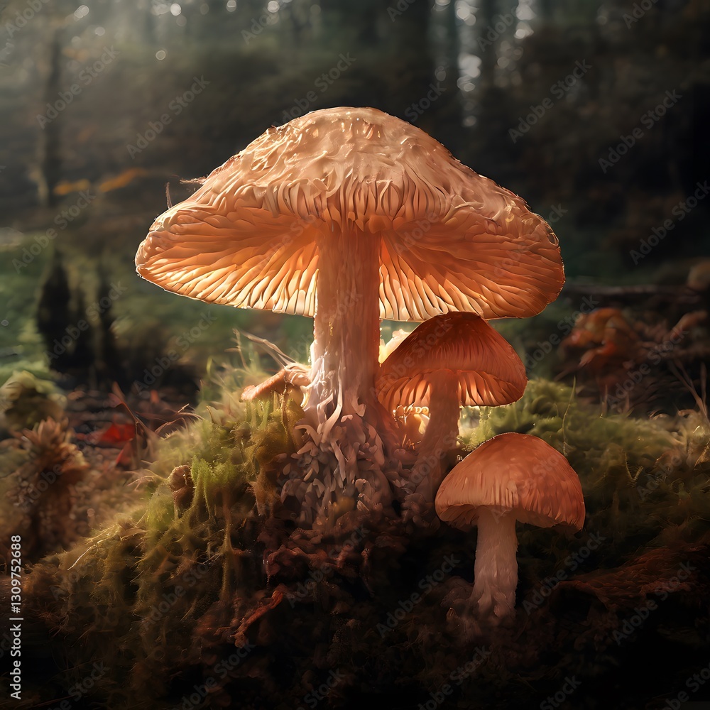 Fototapeta premium Giant mushrooms in a forest setting with white background.