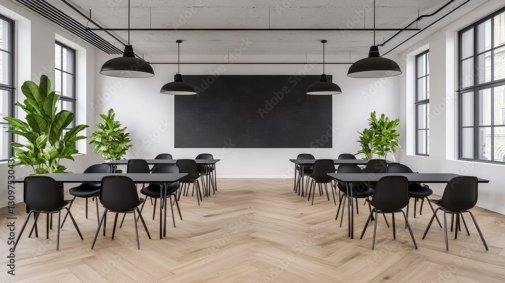 Fototapeta premium Modern Conference Room with Black Furniture and Green Plants