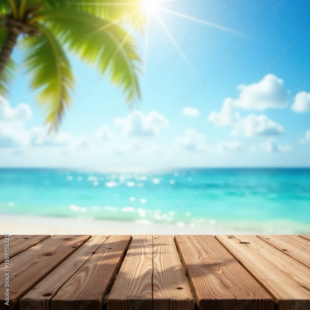 Rustic wood tabletop overlooking shimmering sea Summer sky backdrop , landscape, horizon, water Rustic wood tabletop overlooking shimmering sea Summer sky backdrop , landscape, horizon, water
