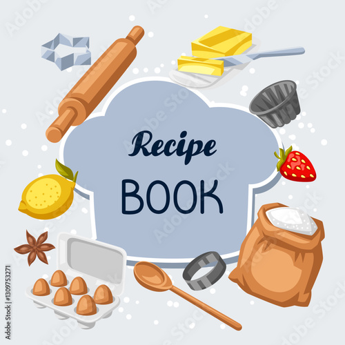 Cookbook of recipes. Background with bakery utensils.