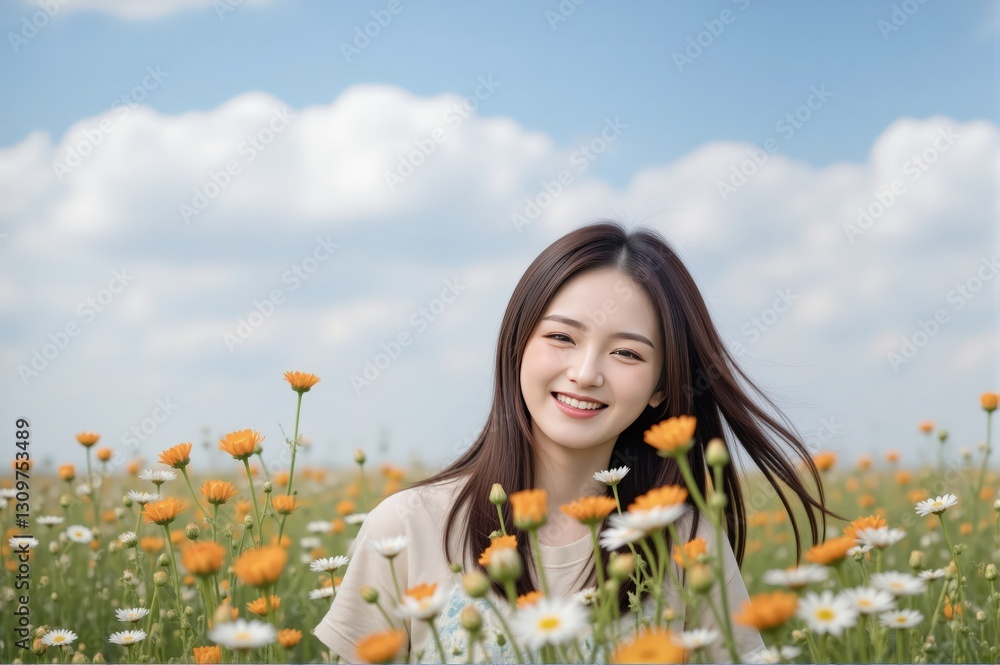 Naklejka premium Smiling Asian Woman in Flower Field: Joyful Spring Portrait with Daisies and Blue Sky, Happiness & Wellbeing