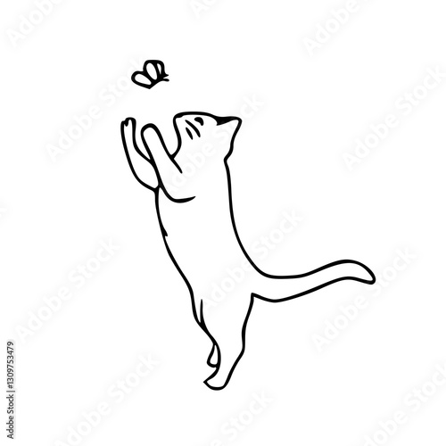 cat reaching for butterfly line art vector