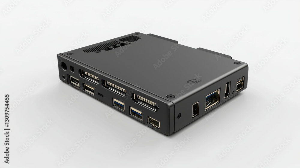 Compact black electronic device with multiple ports and connectors Compact black electronic device with multiple ports and connectors