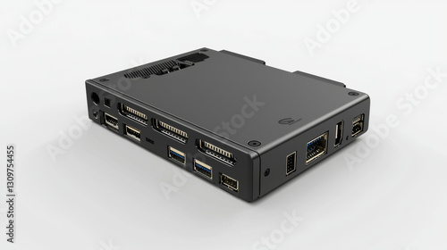 Compact black electronic device with multiple ports and connectors