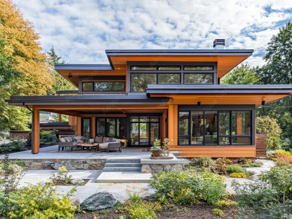 Fototapeta premium A modern architectural home featuring wood and expansive glass windows