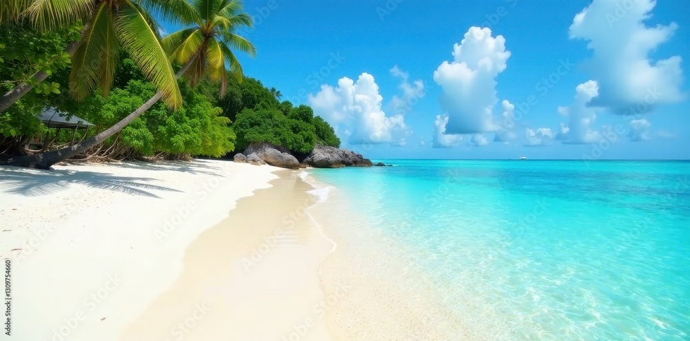 Fototapeta premium Azure water laps pristine white sand, Campulongu's shore , sun, Sardinia, ocean