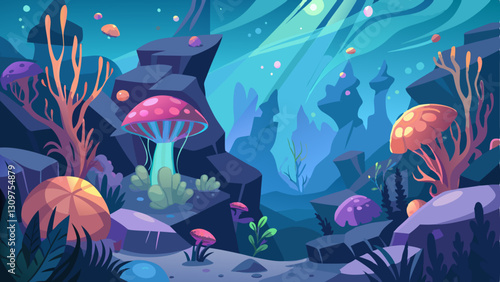 mystical underwater landscape with coral reefs and glowing jellyfish