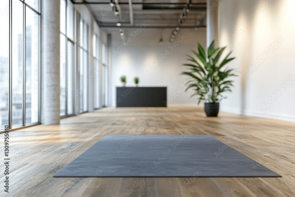 Obraz premium Yoga mat in modern studio, large windows, plants