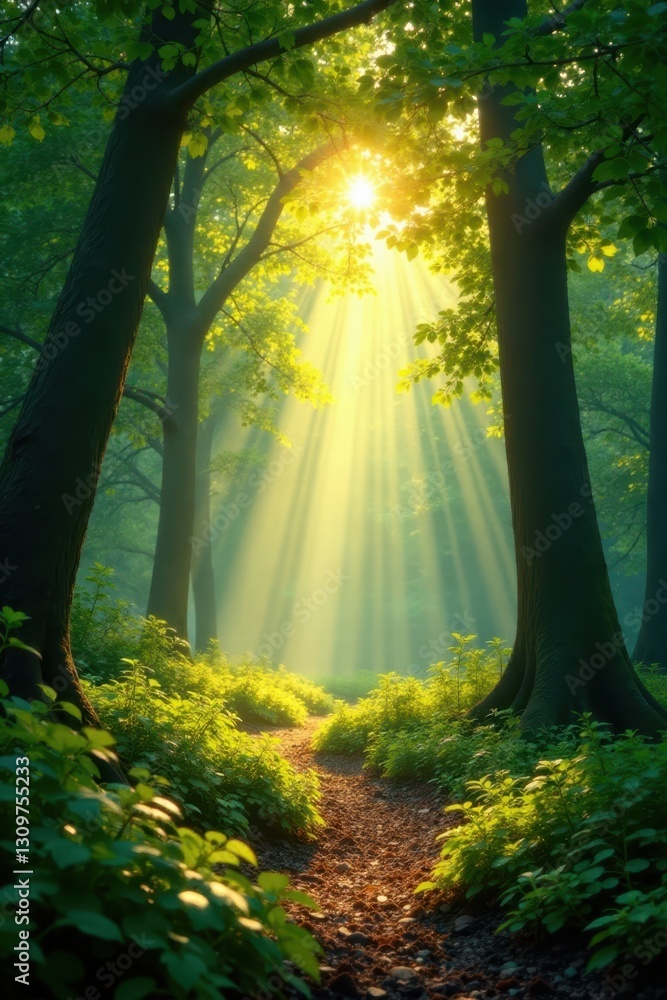 Obraz premium Golden sunlight streams through emerald canopy, dappling forest floor , ray, canopy, rays
