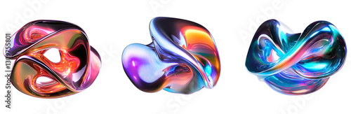 3d fluid abstract metallic holographic colored shape png set transparent background generated by ai