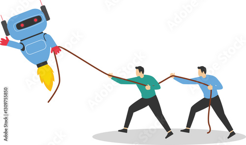 Vector design of people pulling rope with robot fighting with artificial intelligence.

