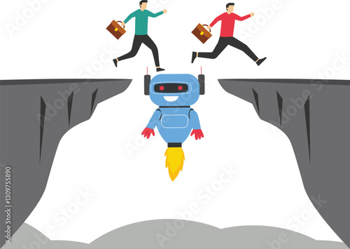 robot android hanging between cliffs running businessmen

