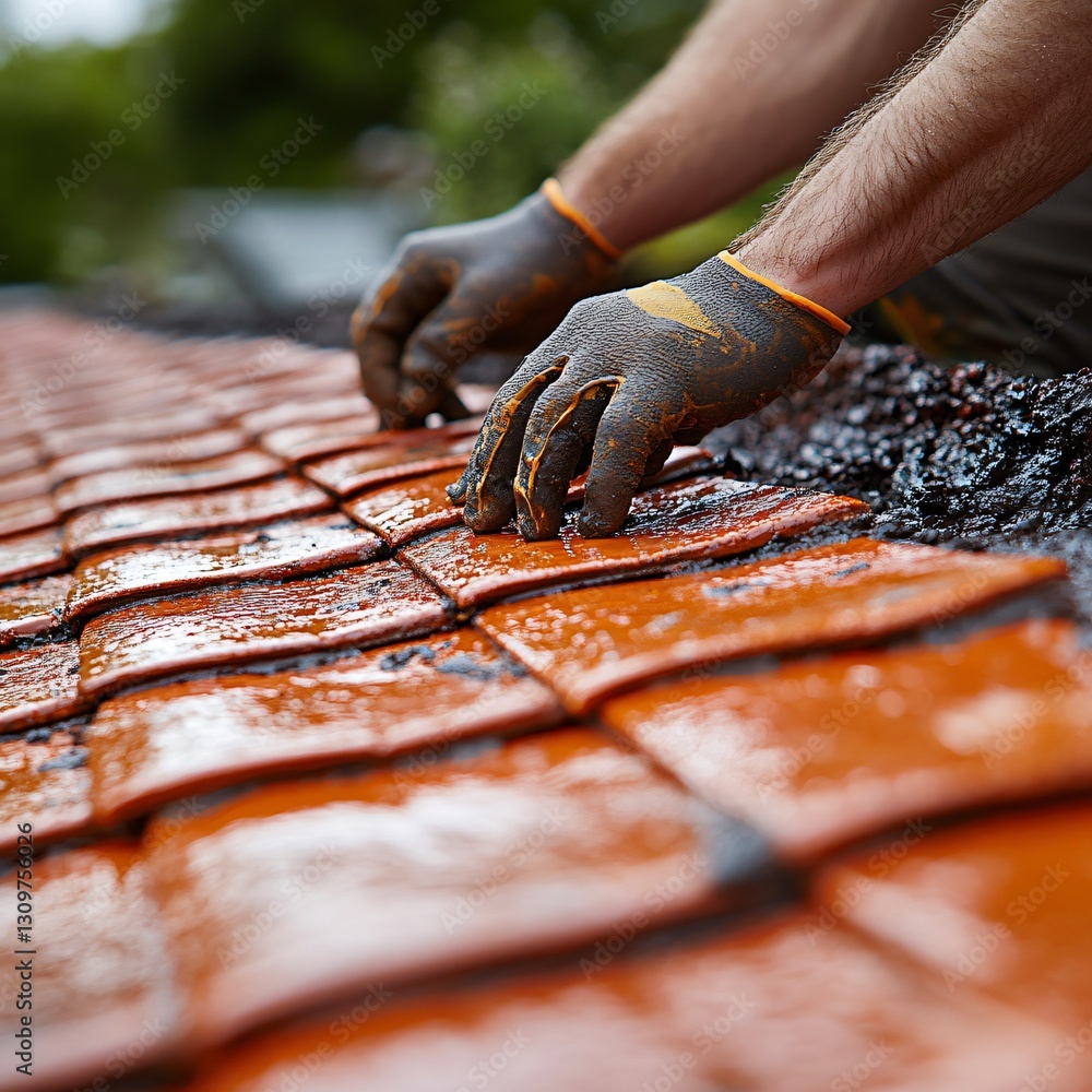 A close-up of hands carefully placing red ceramic roof tiles, detailed textures, bright sunlight reflecting off smooth surfaces A close-up of hands carefully placing red ceramic roof tiles, detailed textures, bright sunlight reflecting off smooth surfaces