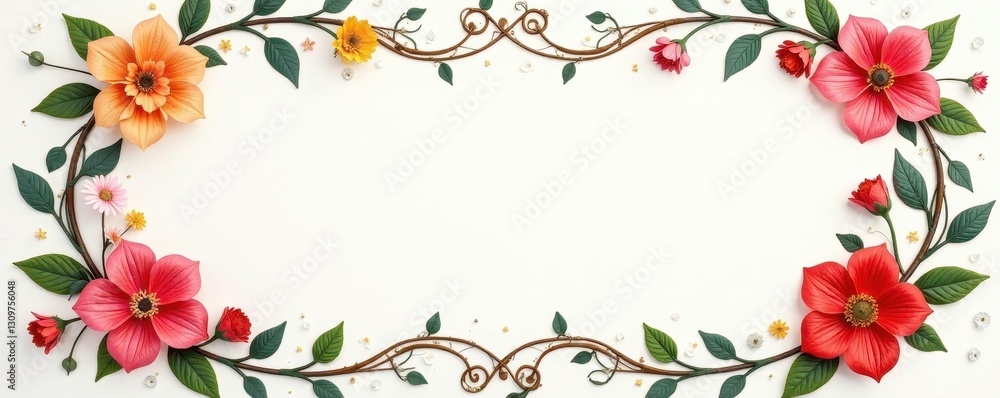 Fototapeta premium Intertwined floral wreath frame, delicate script area, frame, stock, roses