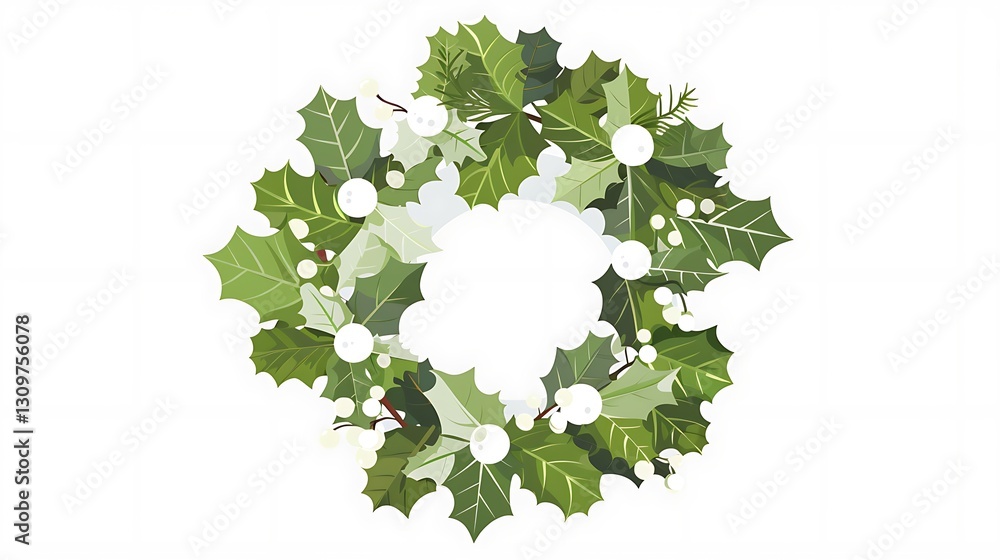Minimalistic Christmas wreath icon with green holly leaves and white berries, clean lines and elegant design, in HD.