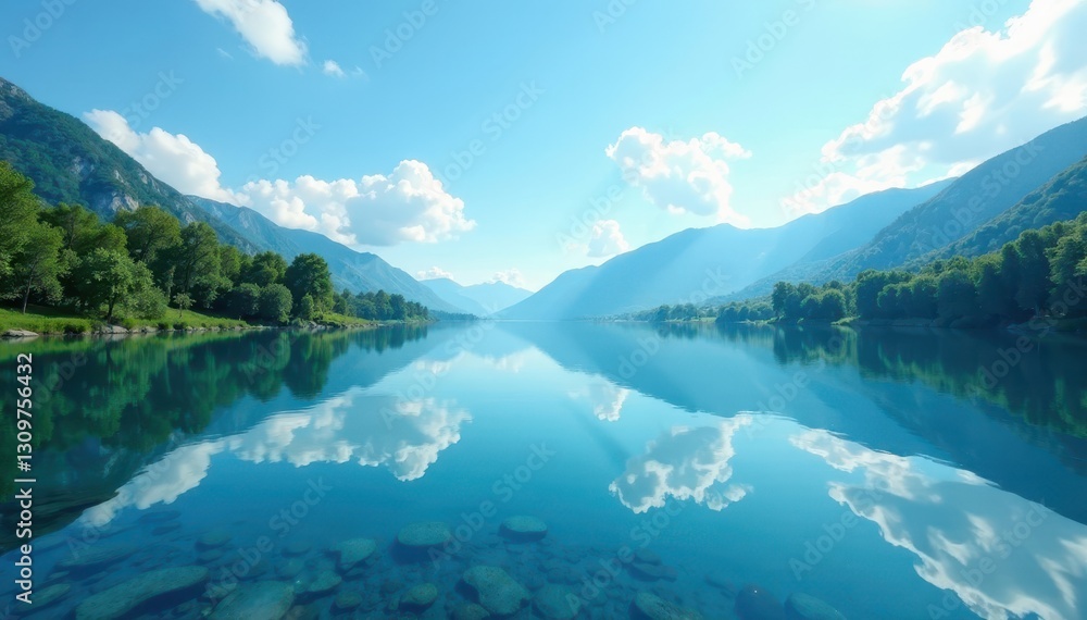 Serene blue lake, tranquil surface reflects sky, blue, scene, still Serene blue lake, tranquil surface reflects sky, blue, scene, still