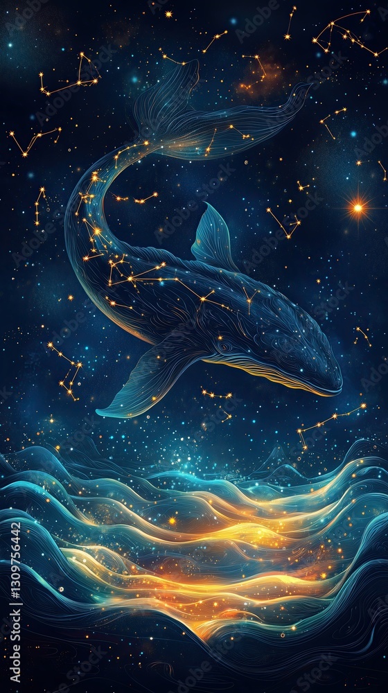 Fototapeta premium Whale swimming in a starry night ocean.