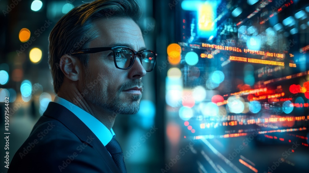 Ambitious Businessman Contemplating Future Opportunities in Smart City at Night Ambitious Businessman Contemplating Future Opportunities in Smart City at Night