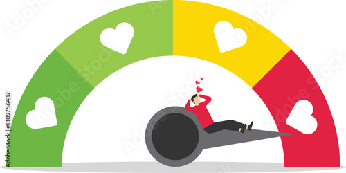 Businessman hanging by a pointer arrow. Love meter heart indicator. Love day full test valentine card progress. Modern flat vector illustration.

