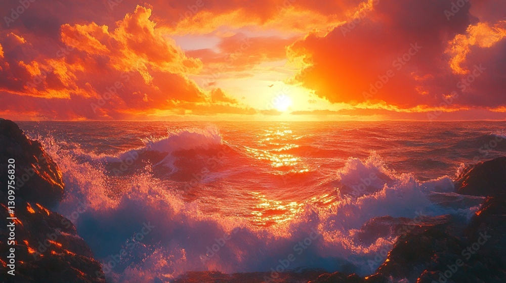 Fiery sunset over a dramatic ocean scene. Waves crash against the rocky shore, painting the water in vibrant orange and red hues. Fiery sunset over a dramatic ocean scene. Waves crash against the rocky shore, painting the water in vibrant orange and red hues.