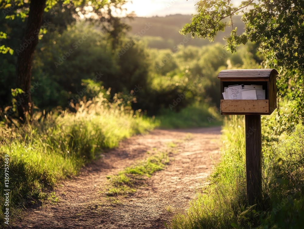 Rustic wooden mail box in a sunlit country path Rustic wooden mail box in a sunlit country path