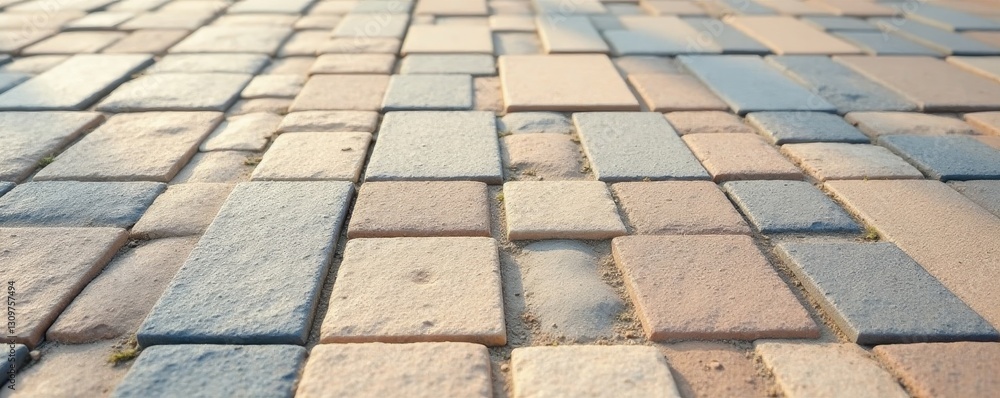 Fototapeta premium Beige and grey interlocking paving stones, textured surface, architecture, garden