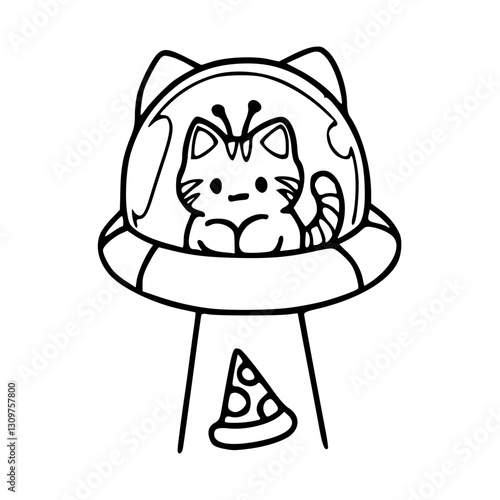 alien cat and pizza - minimalist outline design