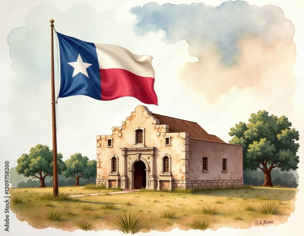 The Alamo and Texas Flag