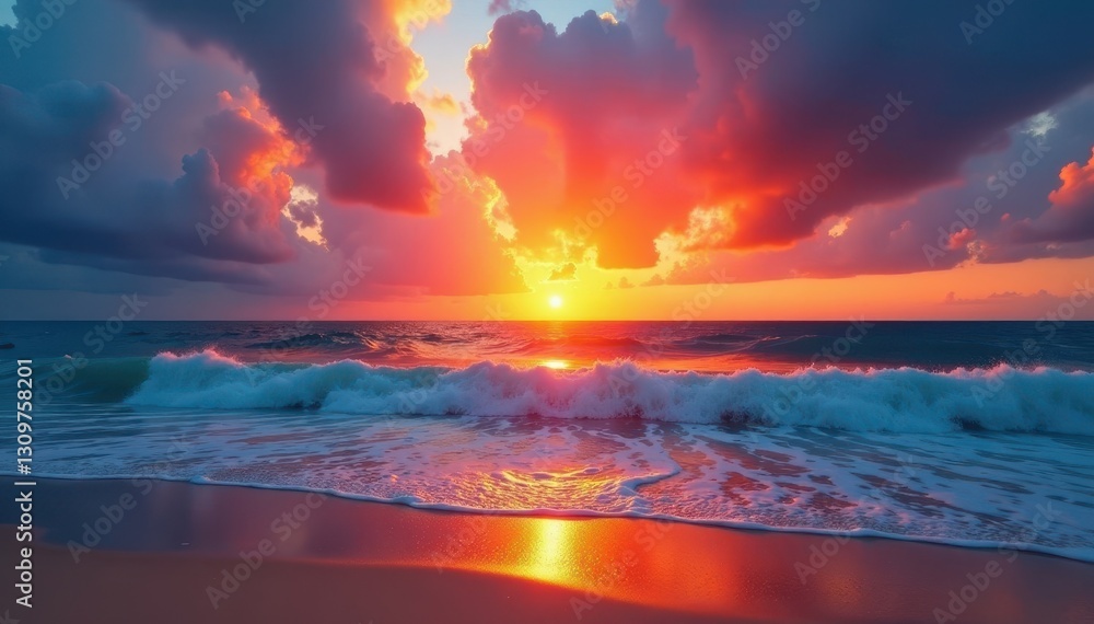 Fototapeta premium Fiery sunset over tranquil ocean, beach stretches wide , coastal, summer