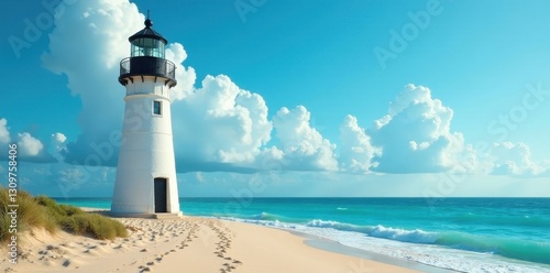 Classic white lighthouse on sandy beach, turquoise sea, tower, blue