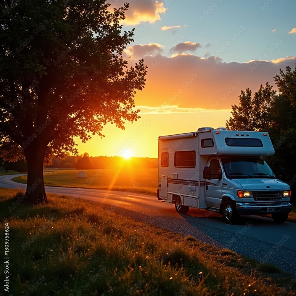 Golden sunset casts long shadows on RV park; motorhome lights glow warmly , sky, recreation, road trip Golden sunset casts long shadows on RV park; motorhome lights glow warmly , sky, recreation, road trip