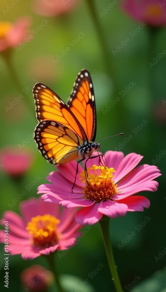Close-up of butterfly feeding on flower, garden setting, sunlit , wildlife, floral, background Close-up of butterfly feeding on flower, garden setting, sunlit , wildlife, floral, background