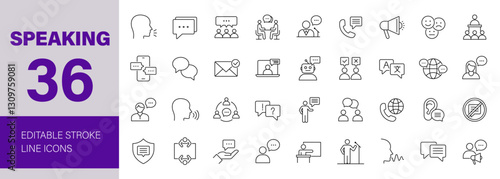Speaking icon set. Communication related icons: speech, talk, discussion, speech bubble, team, meeting, people, business and more. Editable line icons. Vector illustration.