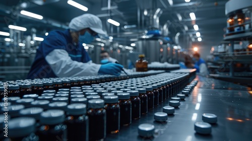 Wallpaper Mural Automated assembly line manufactures small glass bottles with liquid Torontodigital.ca