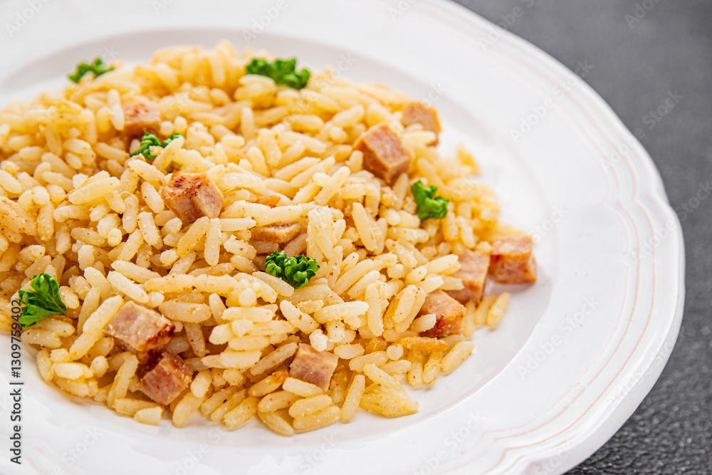 Rice with ham meat main course delicious fresh delicious gourmet food background on the table rustic food top view copy space Rice with ham meat main course delicious fresh delicious gourmet food background on the table rustic food top view copy space