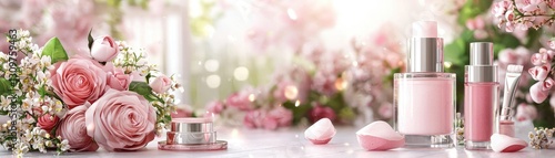 Wallpaper Mural Pink cosmetics & roses; spring background. Beauty product promo Torontodigital.ca