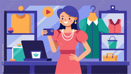 A fashion influencer films themselves browsing through the thrift stores jewelry section excited to share their budgetfriendly finds with their. Vector illustration