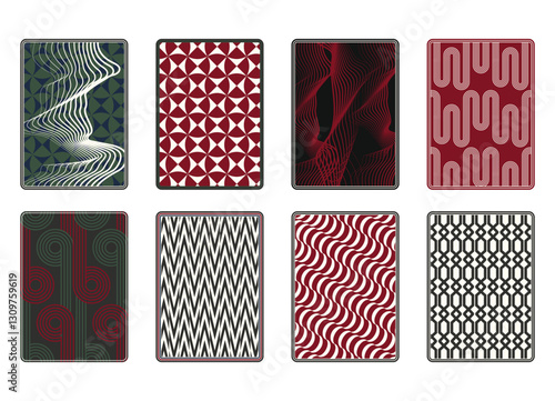Playing card deck cover design set, back side reverse of game cards with geometry and abstract lines patterns