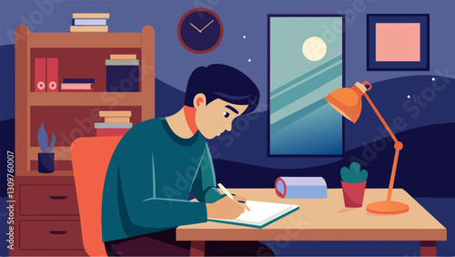 In a cozy dorm room a university student takes out a pen and paper to craft a message of appreciation to the scholarship provider feeling immense. Vector illustration