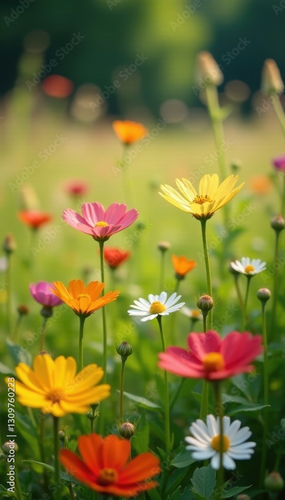 Sun-drenched meadow, wildflowers in full bloom Close-up, diverse species , flowers, sunlight Sun-drenched meadow, wildflowers in full bloom Close-up, diverse species , flowers, sunlight
