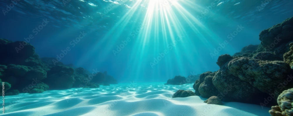 Naklejka premium Vibrant light rays illuminate sandy underwater landscape, deep blue hues, scene, underwater scene, underwater
