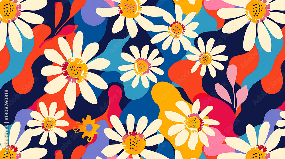 Vibrant Floral Pattern with Daisies and Wildflowers on Dark Background Vibrant Floral Pattern with Daisies and Wildflowers on Dark Background