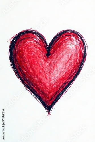 Hand-drawn heart, sketchy lines, white background, crayon, white, design