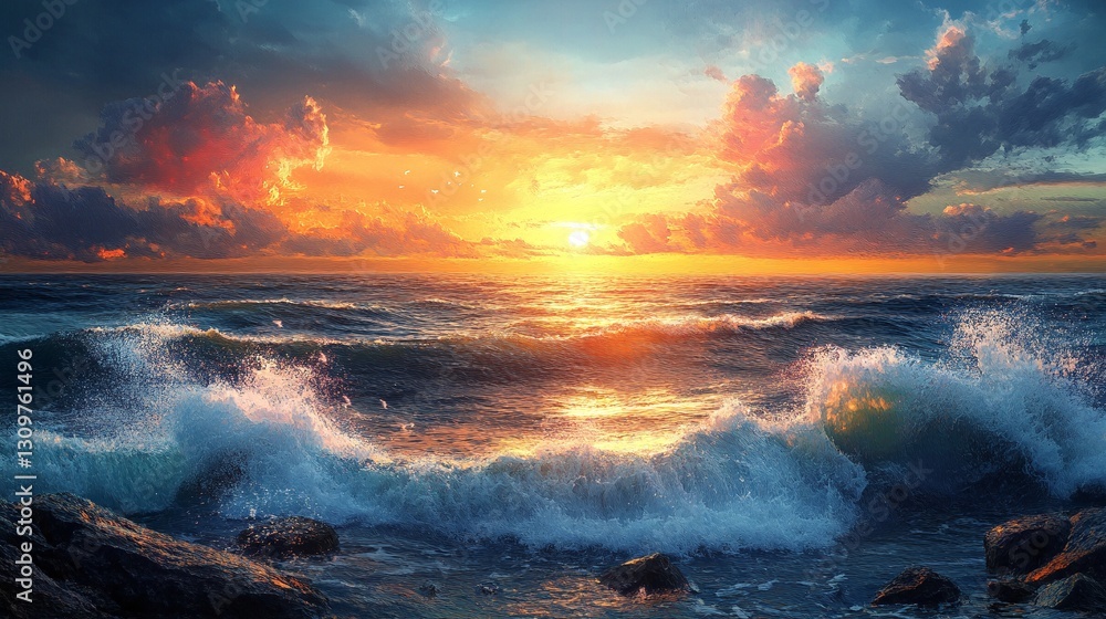 Fototapeta premium Waves crash against the shore as the sun sets, painting the sky with vibrant oranges and reds.