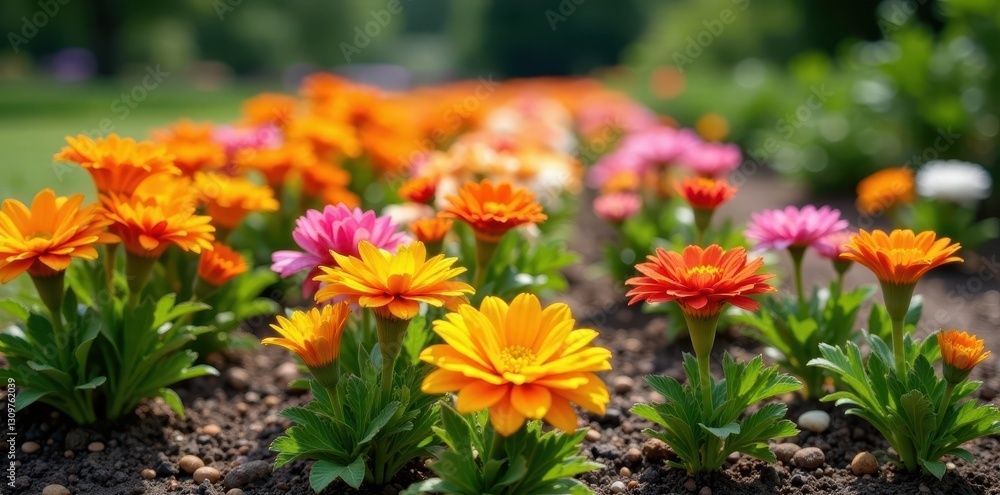 Fototapeta premium Rows of colorful flowers neatly planted in a well-maintained garden bed, petals, design, organized