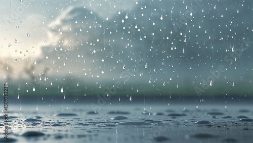 Raindrops descend steadily, splashing on a calm surface while soft light filters through clouds. The atmosphere feels peaceful and fresh, typical of spring's gentle embrace