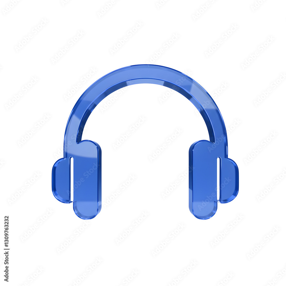 High-resolution 3D render of a blue glass headphones icon with a glossy, reflective surface, isolated on a transparent background, representing music, technology, and audio concepts High-resolution 3D render of a blue glass headphones icon with a glossy, reflective surface, isolated on a transparent background, representing music, technology, and audio concepts